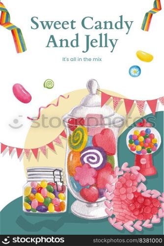 Poster template with candy jelly party concept,watercolor style  