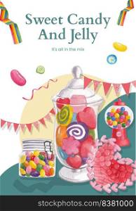 Poster template with candy jelly party concept,watercolor style  