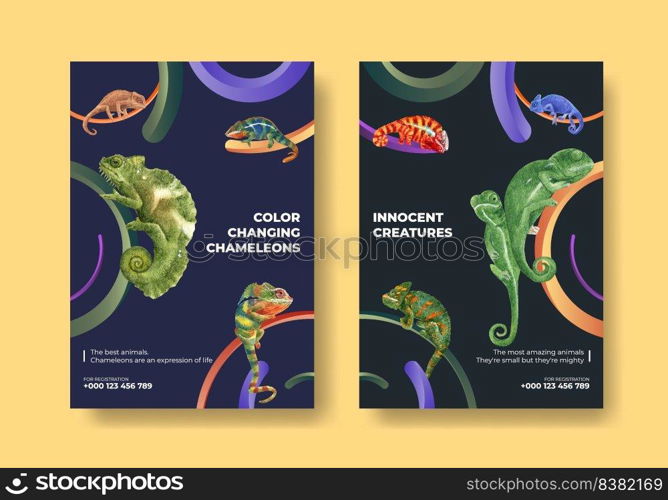 Poster template with chameleon lizard concept,watercolor style 
