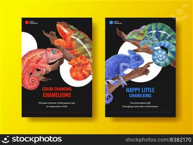 Poster template with chameleon lizard concept,watercolor style 