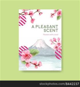Poster template with cherry blossom concept design for advertise and marketing watercolor vector illustration
