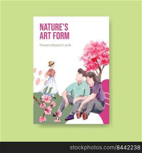 Poster template with cherry blossom concept design for advertise and marketing watercolor vector illustration 