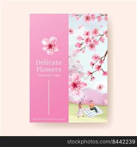 Poster template with cherry blossom concept design for advertise and marketing watercolor vector illustration 
