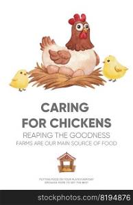 Poster template with chicken farm food concept,watercolor style  
