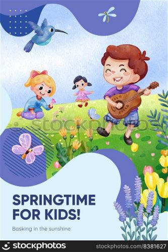 Poster template with children enjoy in spring,watercolor style 