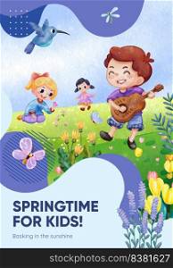 Poster template with children enjoy in spring,watercolor style 