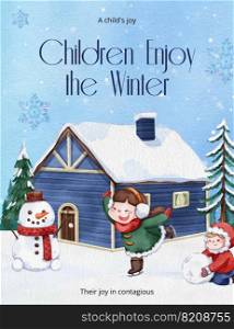 Poster template with children enjoy winter concept, watercolor style 