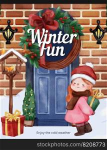 Poster template with children enjoy winter concept, watercolor style 