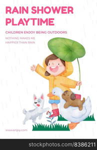 Poster template with children rainy season concept,watercolor style 