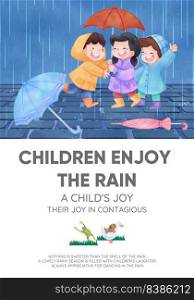 Poster template with children rainy season concept,watercolor style 
