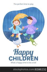 Poster template with children rainy season concept,watercolor style
