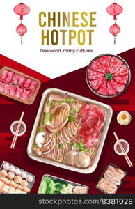 Poster template with Chinese hotpot concept,watercolor
