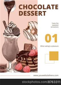 Poster template with chocolate dessert concept,watercolor style
