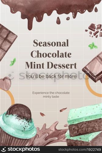 Poster template with chocolate mint dessert concept,watercolor style