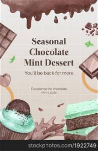 Poster template with chocolate mint dessert concept,watercolor style