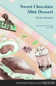 Poster template with chocolate mint dessert concept,watercolor style