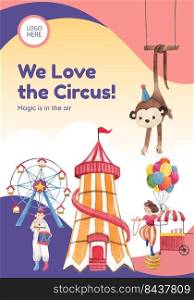 Poster template with circus funfair concept,watercolor style 