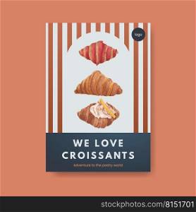 Poster template with croissant concept ,watercolor style 
