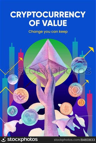 Poster template with crypto currency concept,watercolor style 