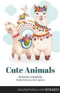 Poster template with cute boho alpaca concept,watercolor style 