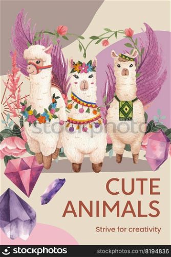 Poster template with cute boho alpaca concept,watercolor style 
