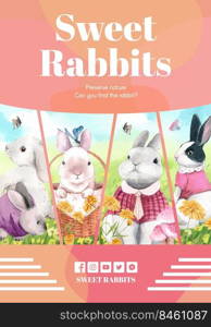 Poster template with cute rabbit concept,watercolor style 