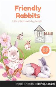 Poster template with cute rabbit concept,watercolor style 