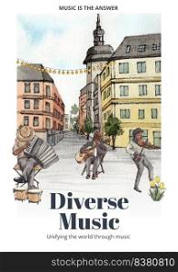Poster template with diverse music on street concept,watercolor style 