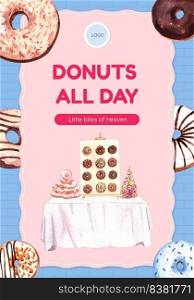 Poster template with donut party concept,watercolor style

