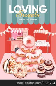 Poster template with donut party concept,watercolor style  