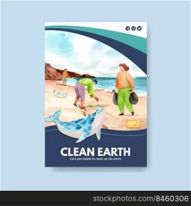 Poster template with Earth day  concept design for brochure and leaflet watercolor illustration 