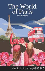 Poster template with Eifel in Paris lover concept,watercolor style 