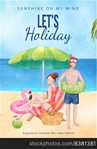 Poster template with enjoy summer holiday concept,watercolor style  