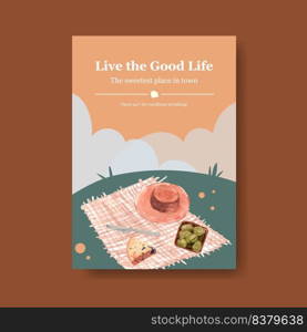 Poster template with European picnic concept design for advertise watercolor vector illustration. 