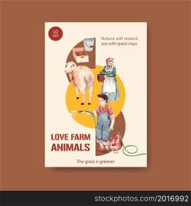 Poster template with farm organic concept design for marketing and leaflet watercolor vector illustration.