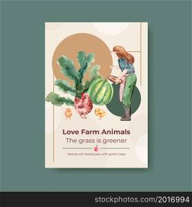 Poster template with farm organic concept design for marketing and leaflet watercolor vector illustration.