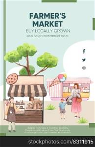Poster template with farmer market concept,watercolor 