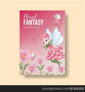 Poster template with floral character concept design watercolor illustration