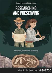 Poster template with  Fossil Archeologist concept,watercolor style 