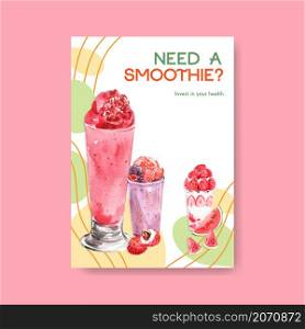 Poster template with fruits smoothies concept design for advertise and commercial watercolor vector illustration