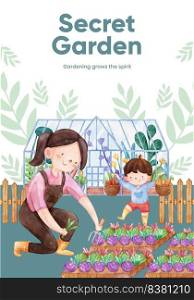 Poster template with gardening home concept,watercolor style
