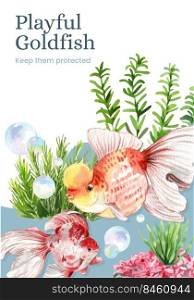 Poster template with gold fish concept,watercolor sty≤. 