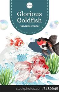 Poster template with gold fish concept,watercolor style. 