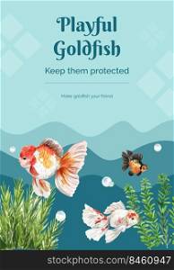 Poster template with gold fish concept,watercolor style. 