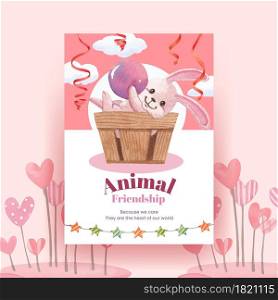 Poster template with happy animals concept design watercolor illustration