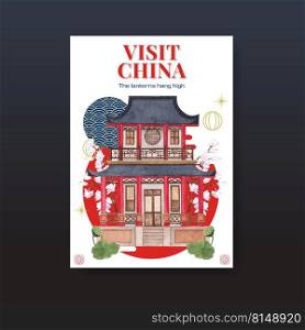 Poster template with Happy Chinese New Year concept design with advertise and marketing watercolor vector illustration 