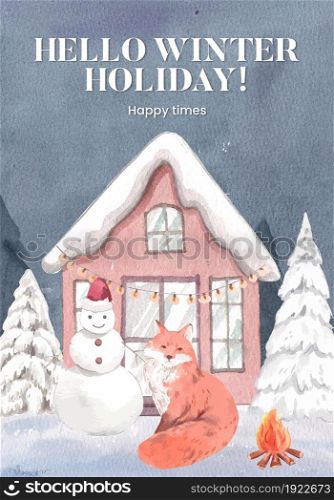 Poster template with happy winter concept,watercolor style