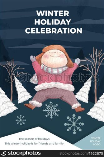 Poster template with happy winter concept,watercolor style