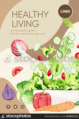 Poster template with healthy salad concept,watercolor style
