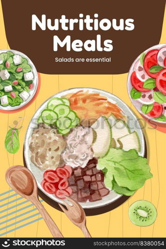 Poster template with healthy salad concept,watercolor style
